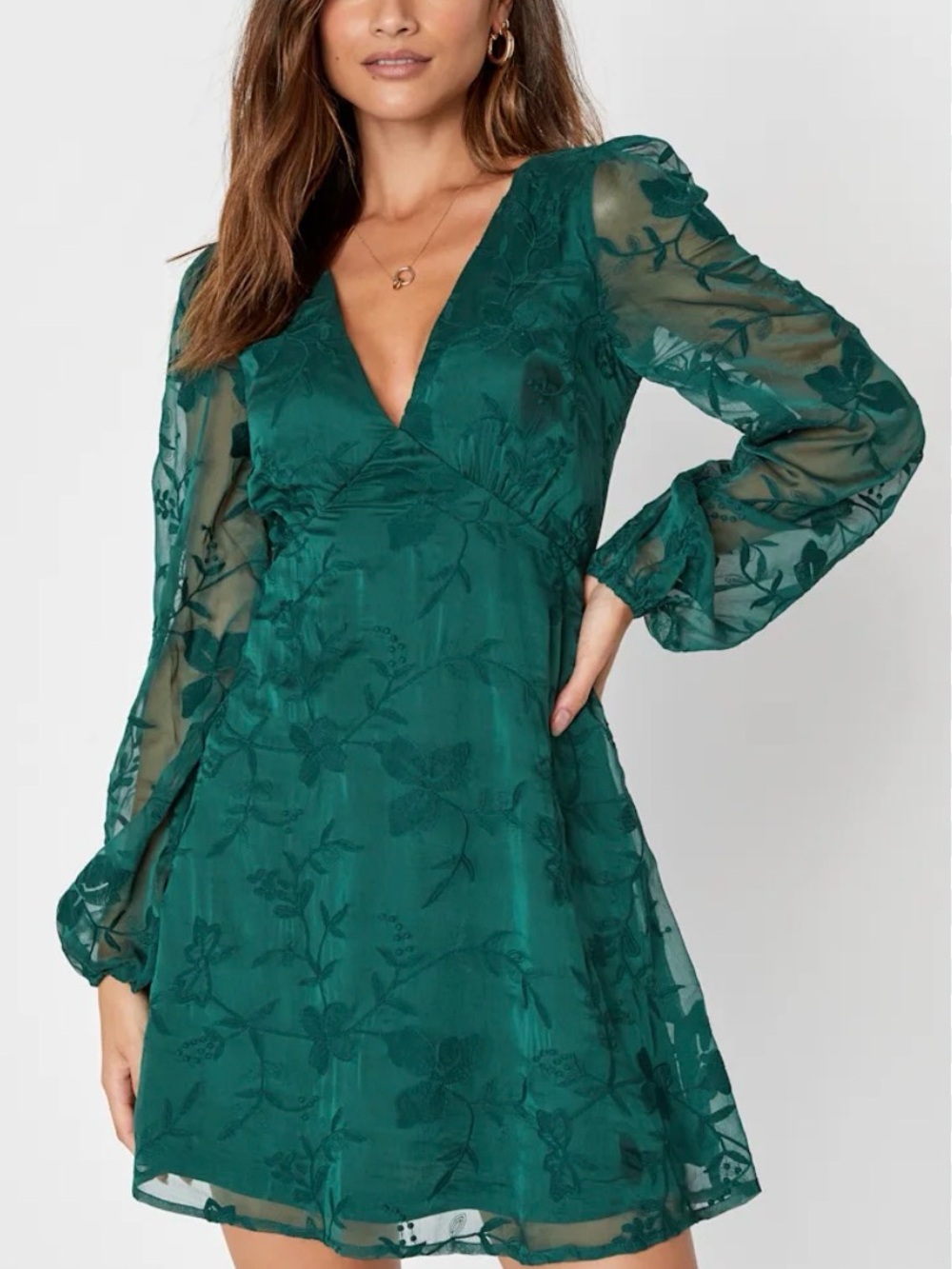 Lulu's Emerald Green V-Neck Floral Embroidered Sheer-Long Sleeve Mini Dress. Med